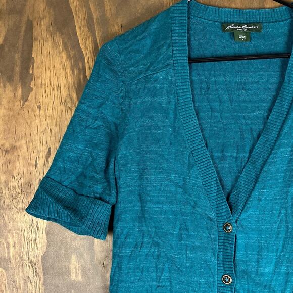 Eddie Bauer Womens Sweater Teal Button Down Cardigan Rolled 1/2 Sleeve Cotton M - Picture 4 of 12
